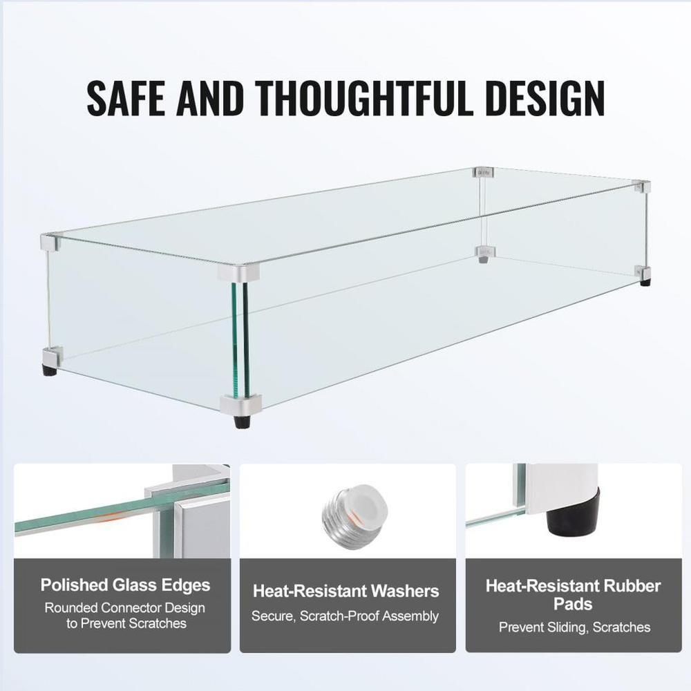 Glass Wind Guard for Rectangular Fire Pit Table 36 x 16 x 7.5 Inch, 0.31 inch Thick and Sturdy Tempered Glass Panel with Hard Aluminum Corner Bracket & Rubber Feet, Easy to Assemble