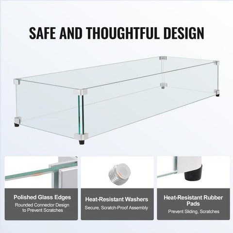 Glass Wind Guard for Rectangular Fire Pit Table 36 x 16 x 7.5 Inch, 0.31 inch Thick and Sturdy Tempered Glass Panel with Hard Aluminum Corner Bracket & Rubber Feet, Easy to Assemble