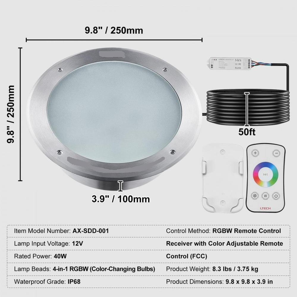 12V LED Pool Light, 10 Inch 40W, RGBW Color Changing Inground Swimming Pool Spa Light Underwater, with 50 FT Cord Remote Control, Fit for 10 in Large Wet Niches, IP68 & Tested to UL Standards