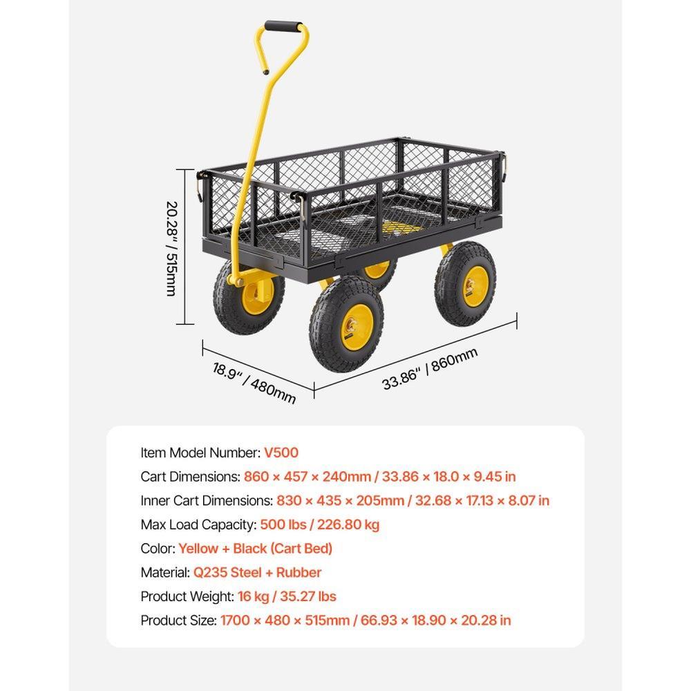 Garden Utility Wagon 500 lbs Heavy Duty Steel Cart with Wheels Removable Mesh Sides All Terrain Tires and Rotating Handle