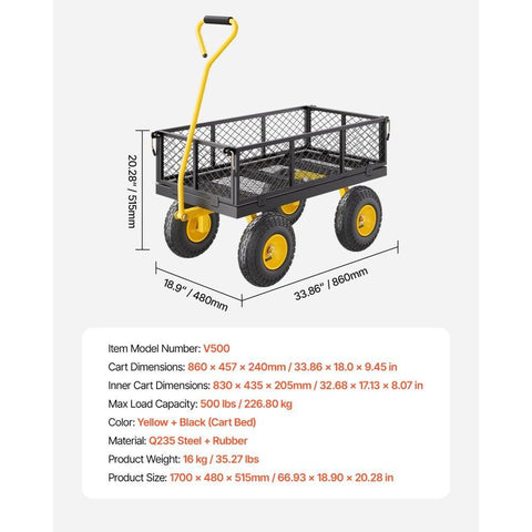 Garden Utility Wagon 500 lbs Heavy Duty Steel Cart with Wheels Removable Mesh Sides All Terrain Tires and Rotating Handle