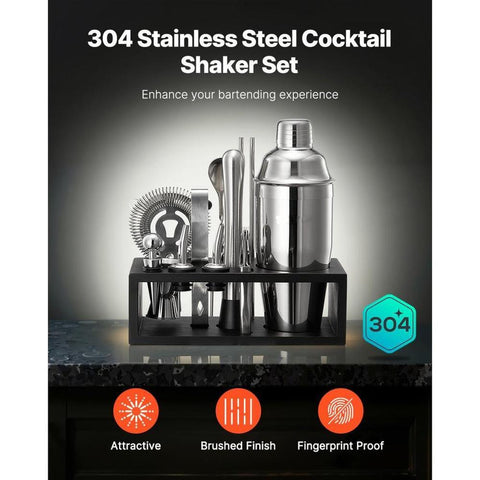 Cocktail Shaker Set, 13-Piece Stainless Steel Bar Tools with Bamboo Stand, Martini Bartender Kit Accessories | Mixer Spoon, Muddler, Jigger, Strainer, Liquor Pourers, Ice Tong, Corkscrew, Silver