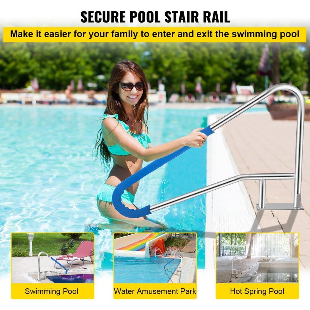 Pool Handrail 55 x 32 inch 304 Stainless Steel Rust Proof 250 lbs Load Capacity with Blue Grip Cover M8 Drill Bit and Self Taping Screws