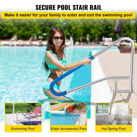 Pool Handrail 55 x 32 inch 304 Stainless Steel Rust Proof 250 lbs Load Capacity with Blue Grip Cover M8 Drill Bit and Self Taping Screws