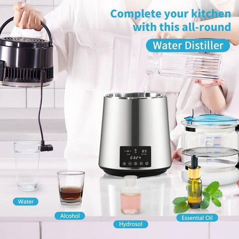 1.1Gal Water Distiller, 0.3Gal/H, 750W Distilled Water Maker Machine 0-99H Timing Dual Temp Display, 304 Stainless Steel Countertop Distiller Glass Carafe Cleaning Powder 3 Carbon Packs, Silver