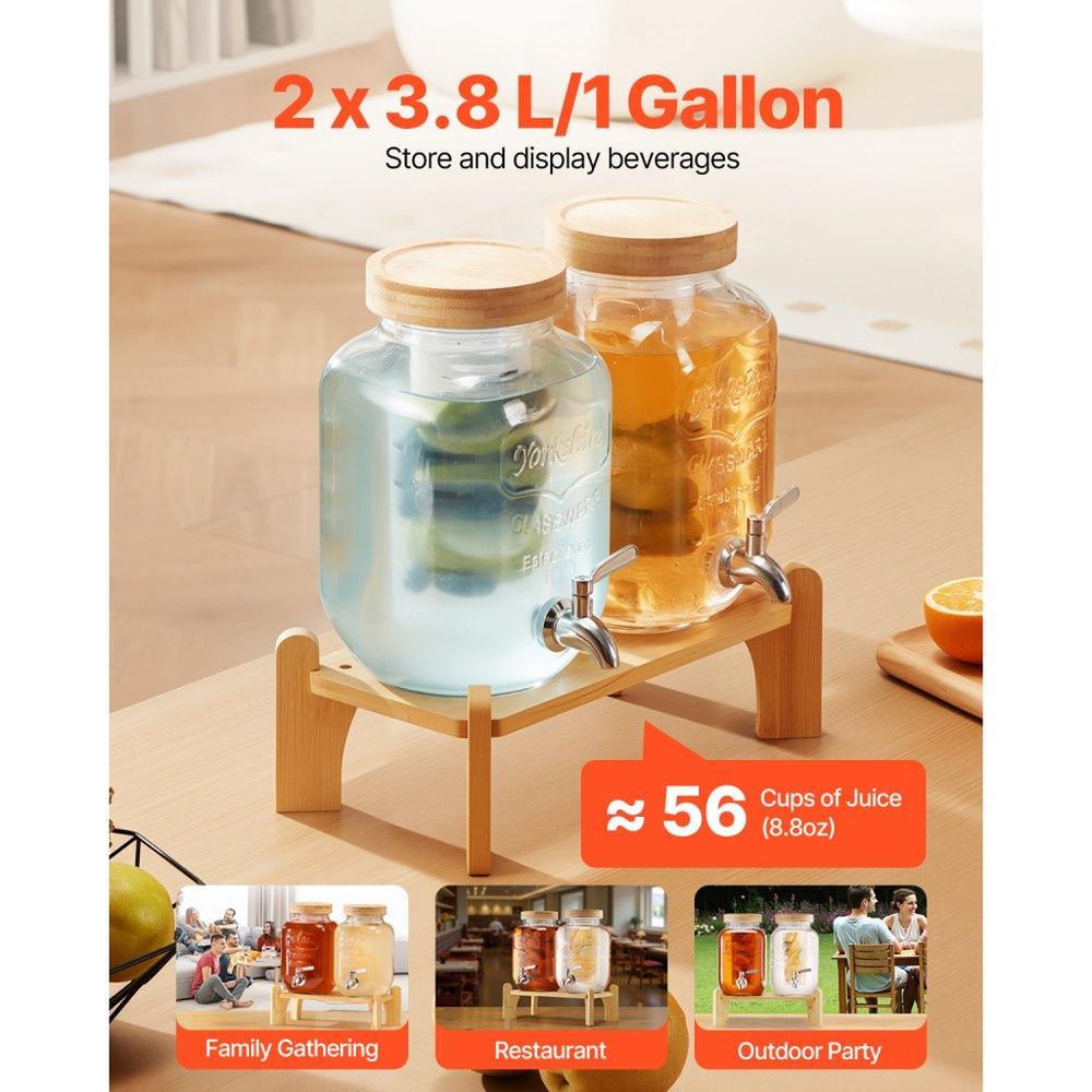 Drink Dispenser 1 Gal Beverage Dispenser for Parties Glass with Stand 2PCS
