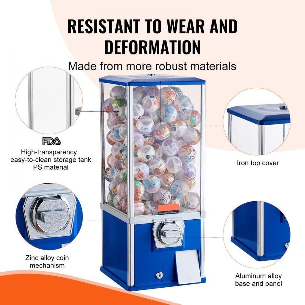 Gumball Machine for Kids, 25" Height Home Vending Machine, PS Bouncy Balls Dispenser, Hold 230 Capsule Toys, Rectangle Bubble Gum Machine for Game Stores, Coin Operated Gumball Bank, Blue