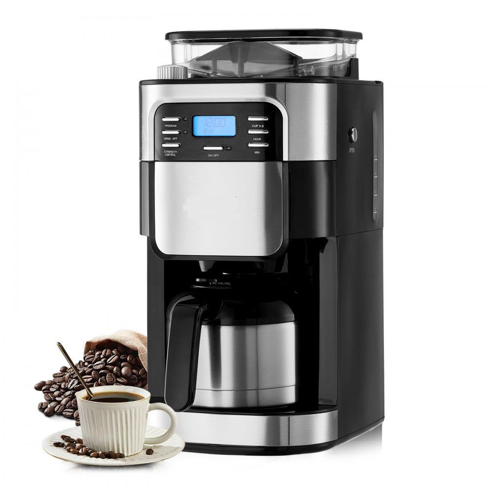 Coffee Maker with Grinder, 8 Cup Coffee Machine, Grind and Brew Coffee Maker with 3 Brew Strength Control, 24-Hour Timer for Auto Brew, for Home Office Restaurant