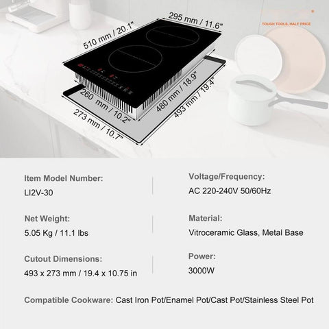 Electric Cooktop, 2 Burners, 12'' Induction Stove Top, Built-in Magnetic Cooktop 3000W, 9 Heating Level Multifunctional Burner, LED Touch Screen w/ Child Lock & Over-Temperature Protection