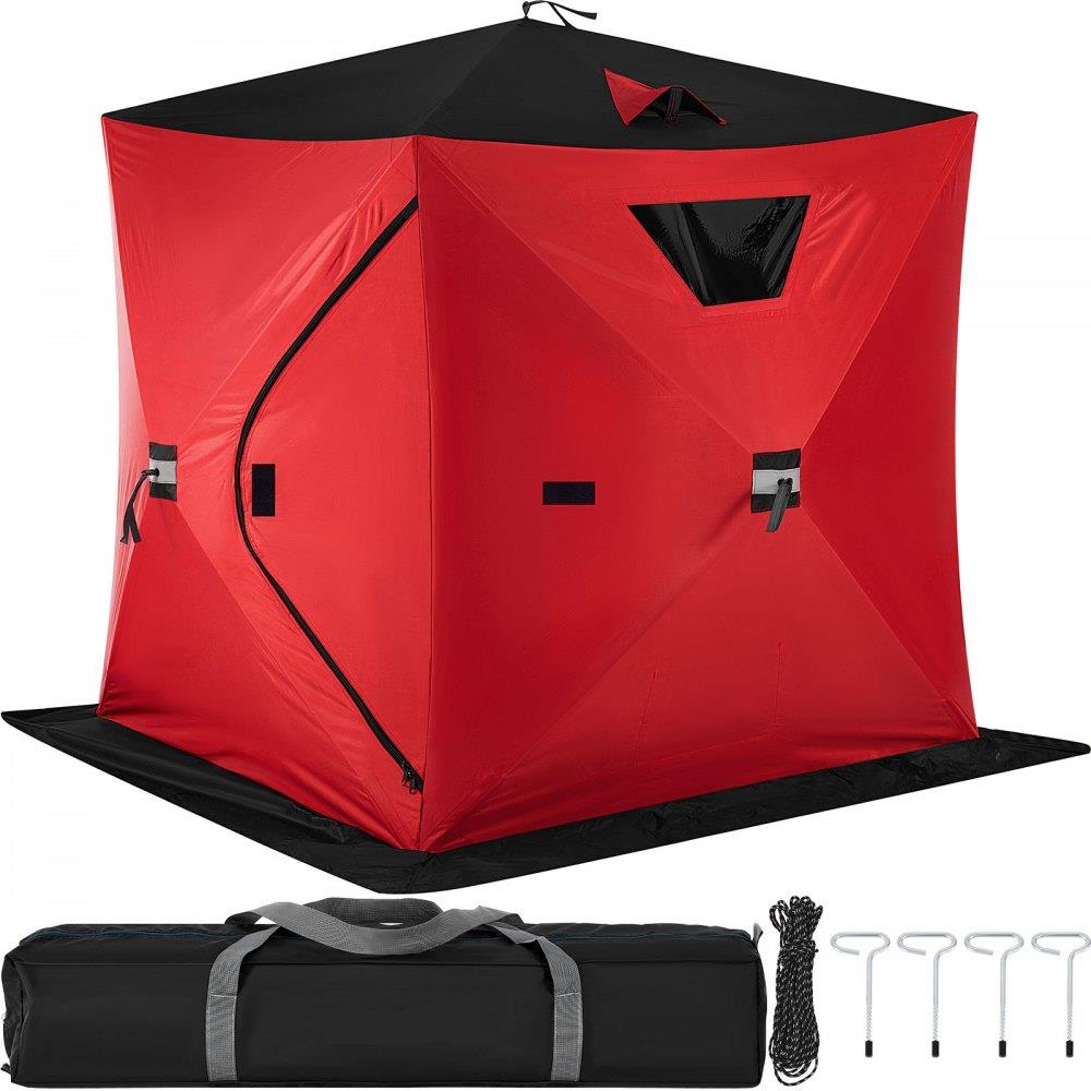 2-3 Person Ice Fishing Shelter Tent, 300D Oxford Fabric Portable Ice Shelter with Pop-up Pull Design, Strong Waterproof and Windproof Ice Fish Shelter for Outdoor Fishing, Red