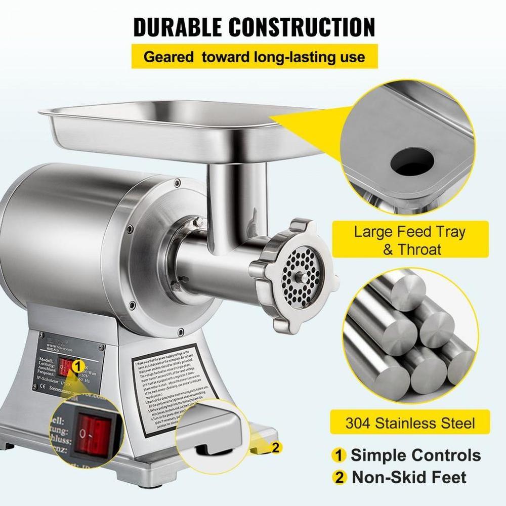 Commercial Meat Grinder,550LB/h 1100W Electric Meat Grinder, 220 RPM Heavy Duty Stainless Steel Industrial Meat Mincer w/2 Blades, Grinding Plates & Stuffing Tubes