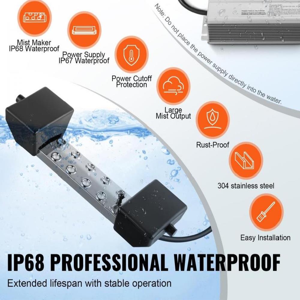 Ultrasonic Mist Maker 10 Head, 7000mL/H Ultrasonic Fogger, Mist Maker with 280W IP67 Waterproof Power Supply, Buoy, Replacement Discs, for Pond, Garden, Rockery, Greenhouse, Halloween Decoration