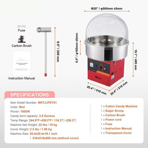 Electric Cotton Candy Machine, 1000W Candy Floss Maker, Commercial Cotton Candy Machine with Cover, Stainless Steel Bowl, Sugar Scoop, Drawer, Perfect for Home Kids Birthday, Family Party, Red