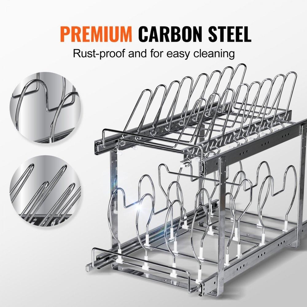Pan and Pot Rack, 2-Tier Expandable Pull Out Under Cabinet Organizer, Cookie Sheet Baking Pans Tray Racks, Adjustable Wire Dividers, Steel Lid Holder for Kitchen Cabinet & Pantry Storage, 12"W