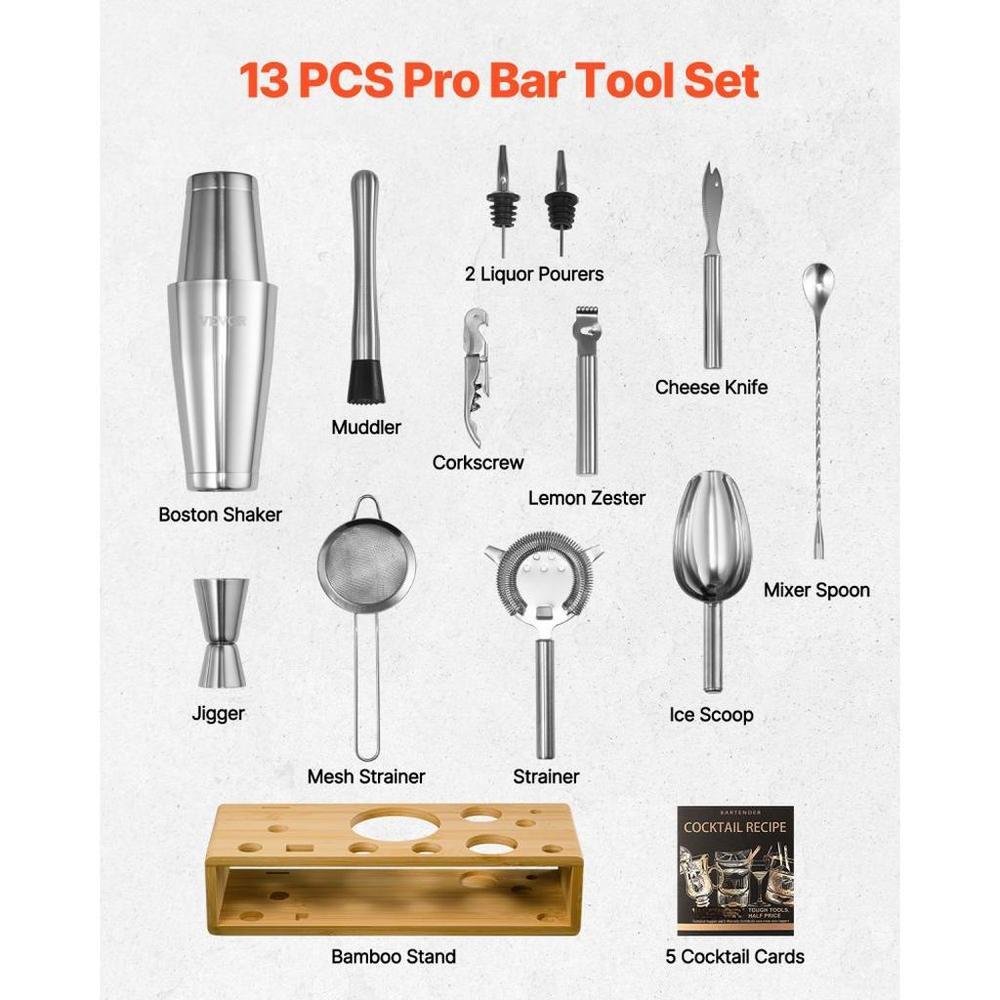 Cocktail Shaker Set 13 Pcs Bartender Kit Stainless Steel Bar Tool Set Silver