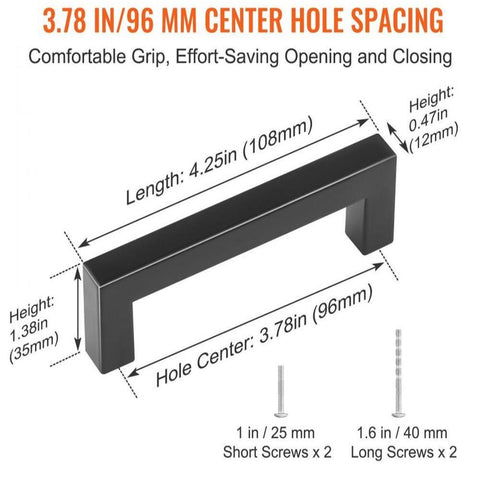 10 Pack Cabinet Pulls, 3.86in / 96mm Center to Center Slim Square Kitchen Cabinet Drawer, Stainless Steel Modern Kitchen Cupboard Door Handles for Kitchen Bathroom Bar Hardware Matte Black