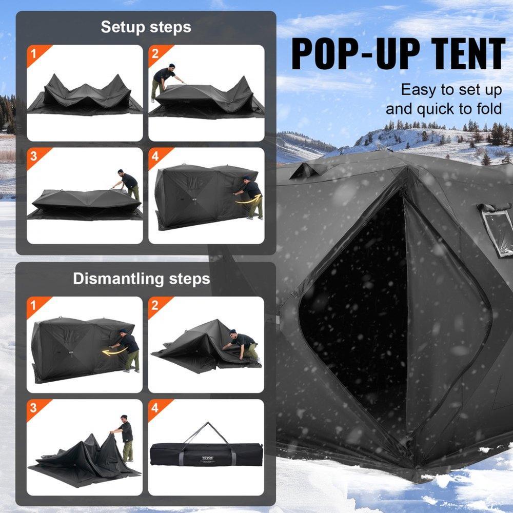 Portable Ice Shelter, 6-8 Person Pop-Up Ice Fishing Tent, 70 Square Feet Fishable Area, Ice Shanty for Winter Fishing, Waterproof Oxford Ice Cube with Anchors/Ropes/Carrying Bag, 142"x71" Black