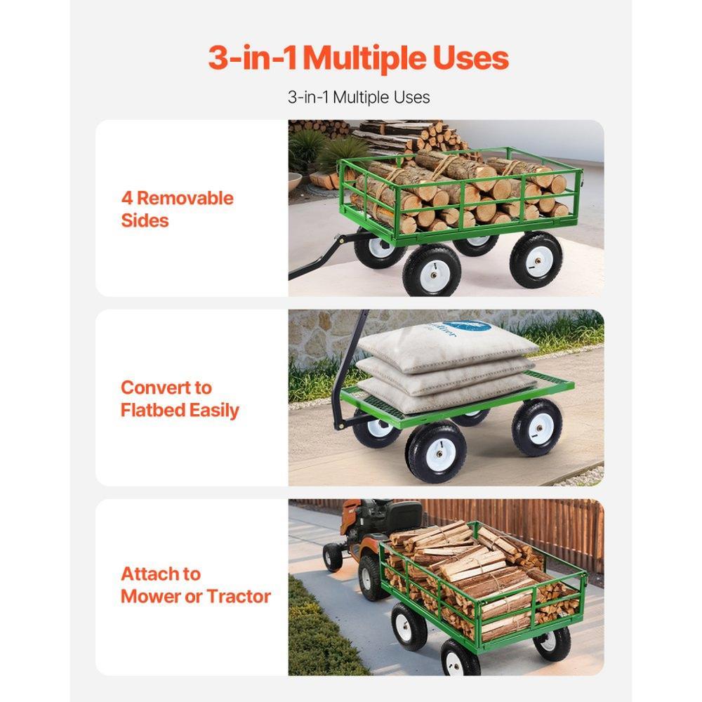 1200 Lbs Steel Garden Cart,Heavy Duty Pullable Garden Wagon Yard Cart,2 in 1 Outdoor Metal Utility Wagon Yard Trailer with 13" All Terrain Tires,Removable Mesh Sides and 180° Rotating Handle