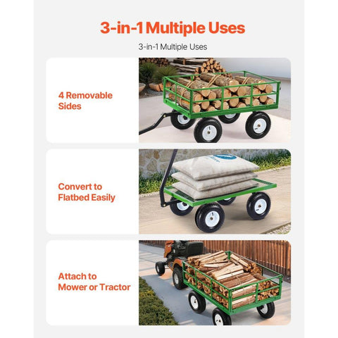 1200 Lbs Steel Garden Cart,Heavy Duty Pullable Garden Wagon Yard Cart,2 in 1 Outdoor Metal Utility Wagon Yard Trailer with 13" All Terrain Tires,Removable Mesh Sides and 180° Rotating Handle
