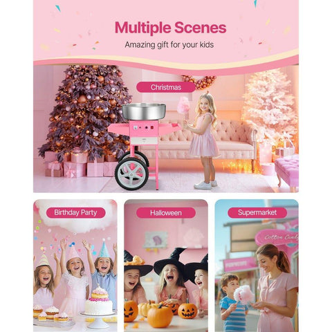 Electric Cotton Candy Machine with Cart, 1000W Commercial Candy Floss Maker with 20.5 in Stainless Steel Bowl, Sugar Scoop, and Drawer, Easy to Use, for Home, Kids Birthday, Family Party, Pink