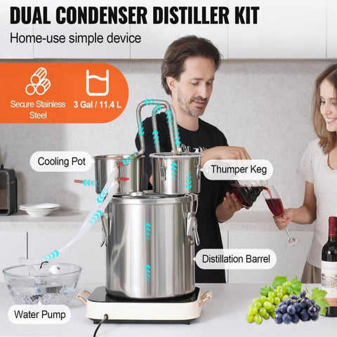 Alcohol Still, 3 Gal / 11.4 L Stainless Steel Water Alcohol Distiller with Copper Coil for Fast Cooling, Dual Condenser Distiller Kit with Secondary Distillation, for Wine Whisky Brandy, Silver