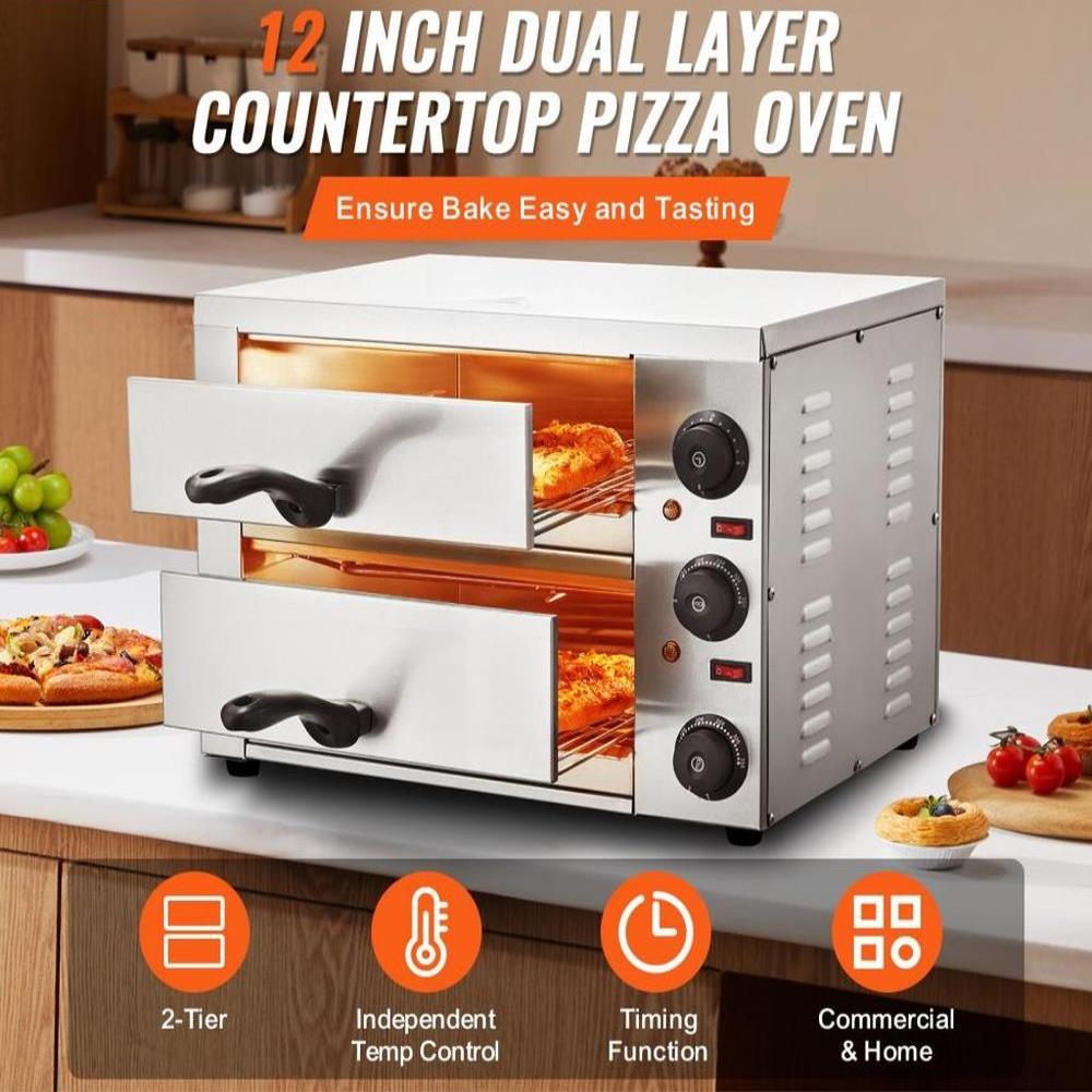 Electric Countertop Pizza Oven 12" Adjustable Temperature 0-120Min Timer