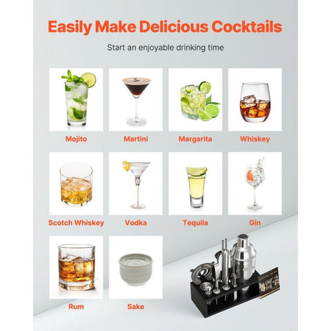 Cocktail Shaker Set, 13-Piece Stainless Steel Bar Tools with Bamboo Stand, Martini Bartender Kit Accessories | Mixer Spoon, Muddler, Jigger, Strainer, Liquor Pourers, Ice Tong, Corkscrew, Silver
