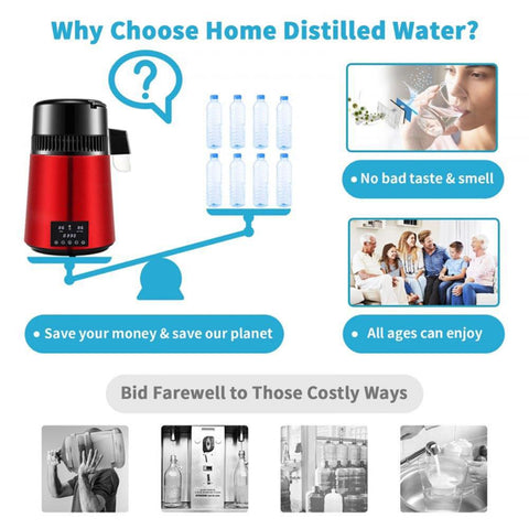 1.1Gal Water Distiller, 0.3Gal/H, 750W Distilled Water Maker Machine 0-99H Timing Dual Temp Display, 304 Stainless Steel Countertop Distiller Glass Carafe Cleaning Powder 3 Carbon Packs, Red
