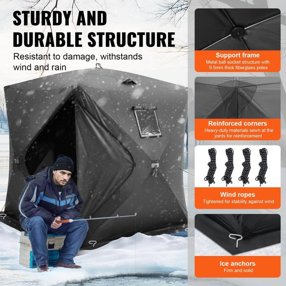 Portable Ice Shelter, 3-4 Person Pop-Up Ice Fishing Tent, 35 Square Feet Fishable Area, Ice Shanty for Winter Fishing, Waterproof Oxford Ice Cube with Anchors/Ropes/Carrying Bag, 71"x71", Black