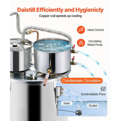 Alcohol Still, 8 Gal / 30 L Stainless Steel Water Alcohol Distiller with Copper Coil for Fast Cooling, Dual Condenser Distiller Kit with Secondary Distillation, for Wine Whisky Brandy, Silver