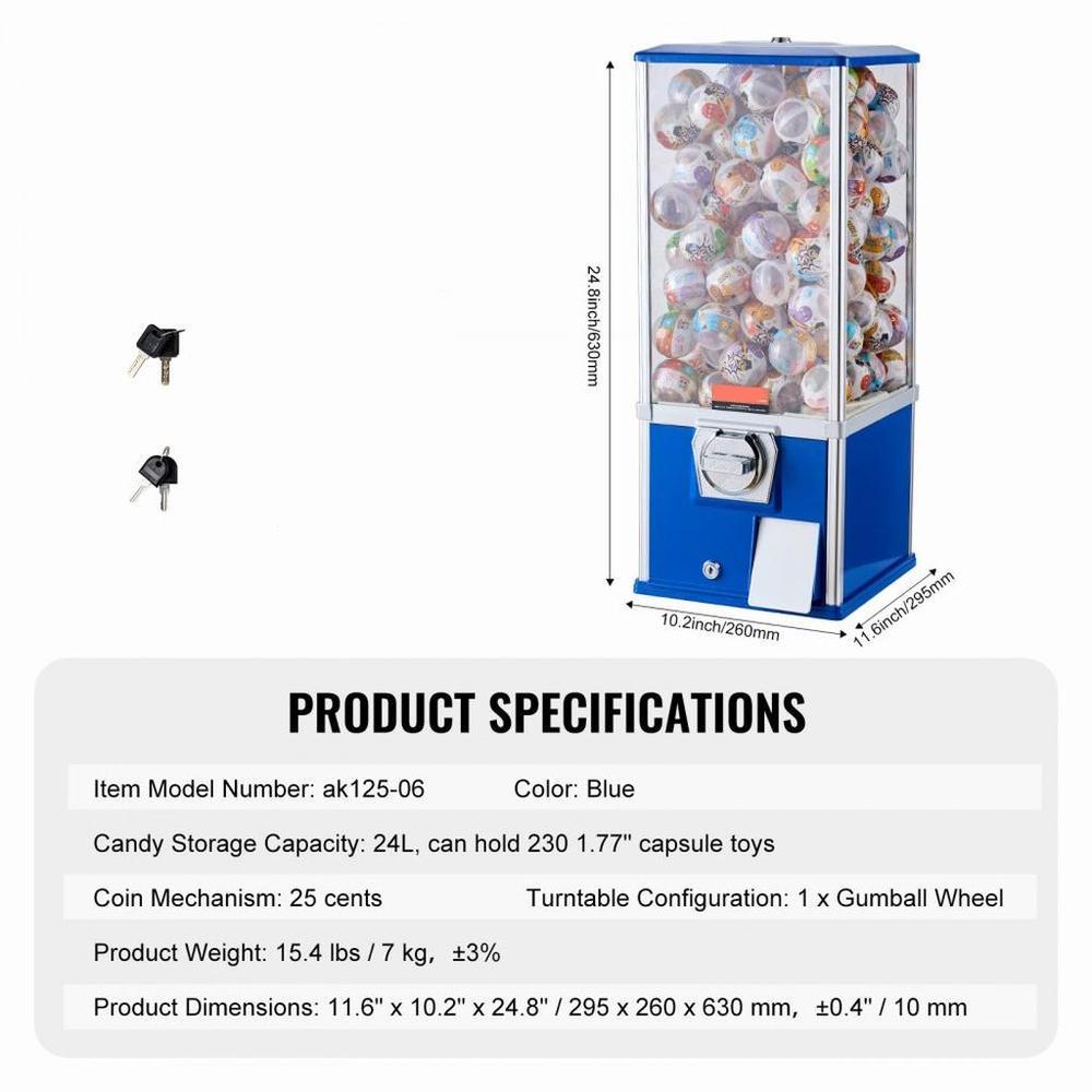 Gumball Machine for Kids, 25" Height Home Vending Machine, PS Bouncy Balls Dispenser, Hold 230 Capsule Toys, Rectangle Bubble Gum Machine for Game Stores, Coin Operated Gumball Bank, Blue