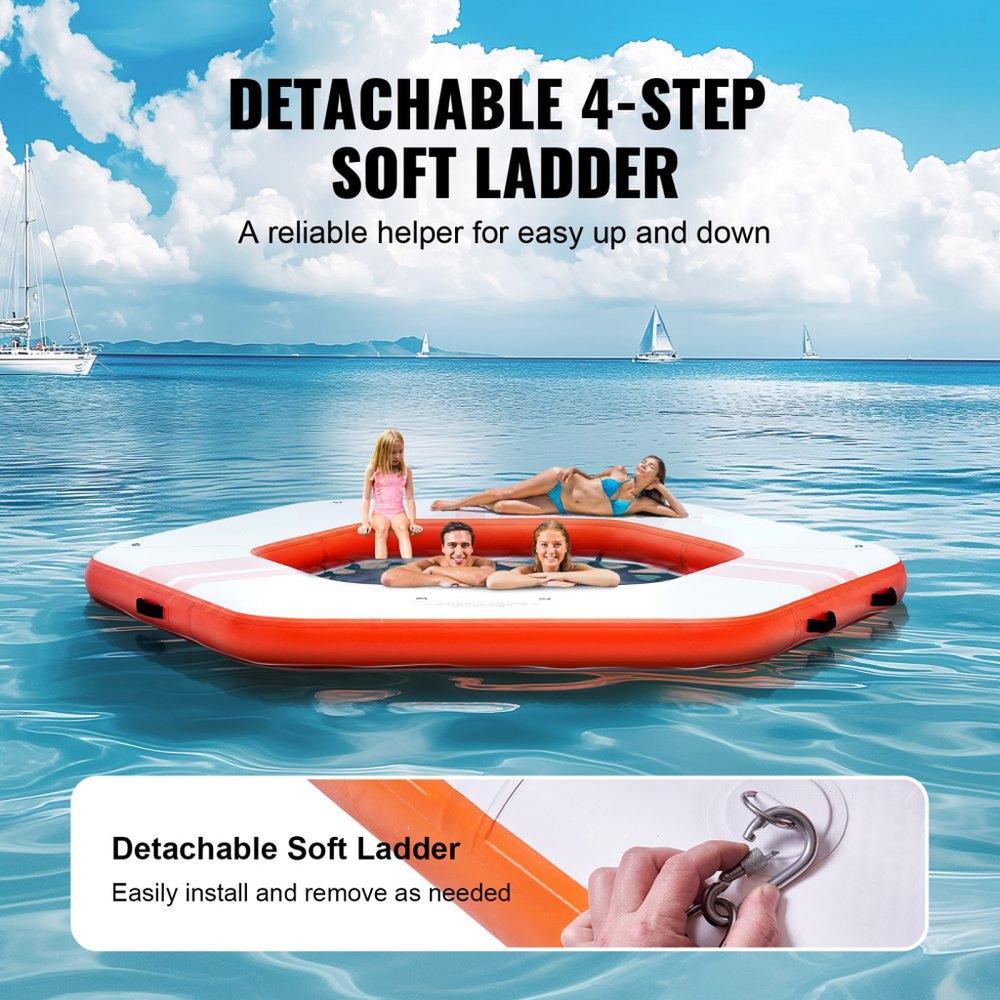 Inflatable Floating Dock 8.5 ft Platform with 5 ft Trampoline Mesh Pool Non Slip Water Mat with Portable Bag and Detachable Ladder for Pool and Beach Relaxation