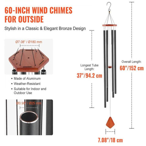 Wind Chimes for Outside, 60 in, Deep Tone Wind Chimes with 6 Tubes, Unique Large Memorial Wind Chimes for Anniversary, Amazing Outdoor Decor for Your Patio, Porch, Garden and Backyard, Black