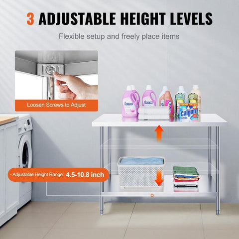 Stainless Steel Prep Table, 24 x 48 x 34 Inch, Heavy Duty Metal Worktable with 3 Adjustable Height Levels, Commercial Workstation for Kitchen Garage Restaurant Backyard