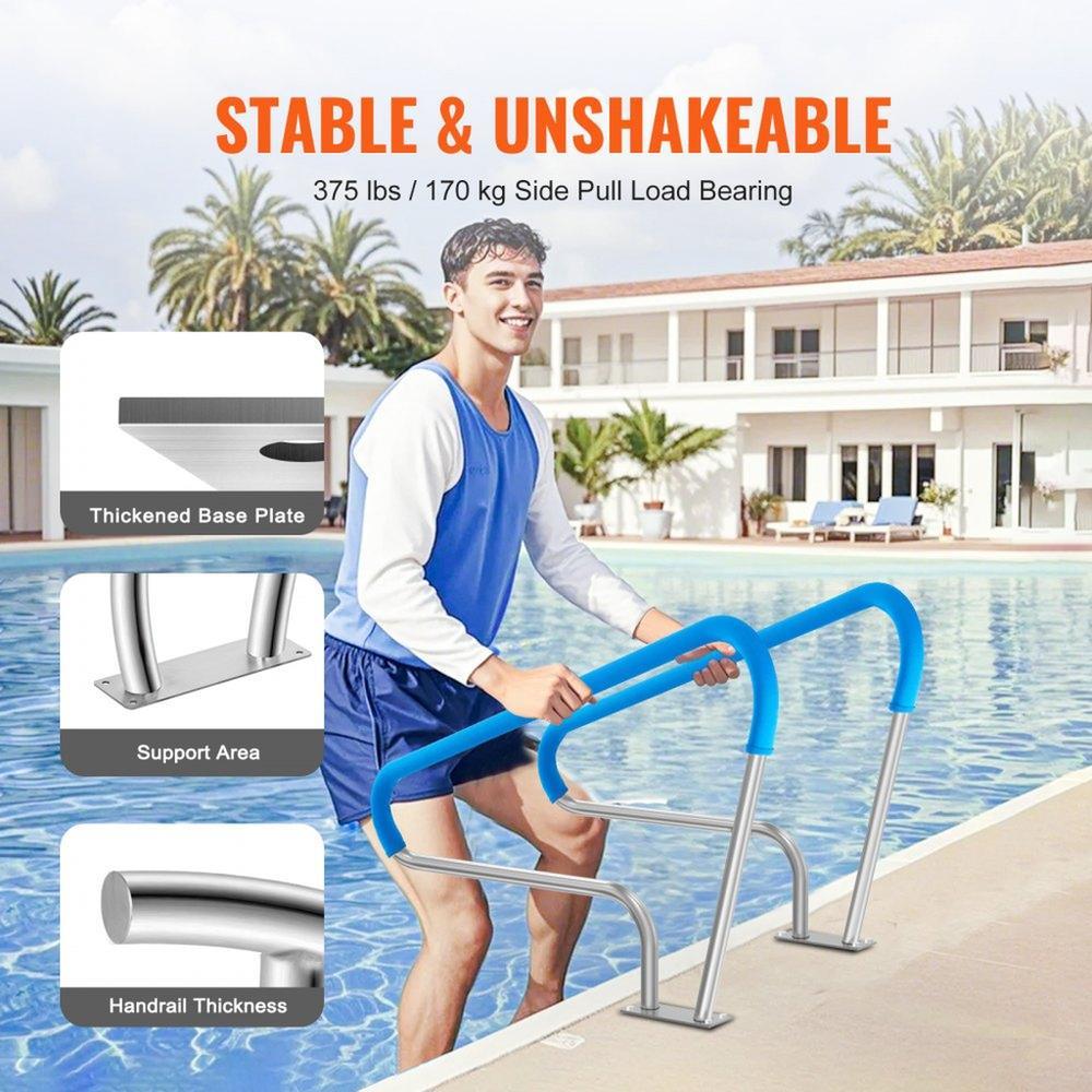 Pool Handrail 2 Pack 48 x 36 in Stainless Steel Railing with Base Plate for Indoor and Outdoor Pools Safety Deck Railing Rust Proof Grab Bar with Grip Cover and Accessories for Spas