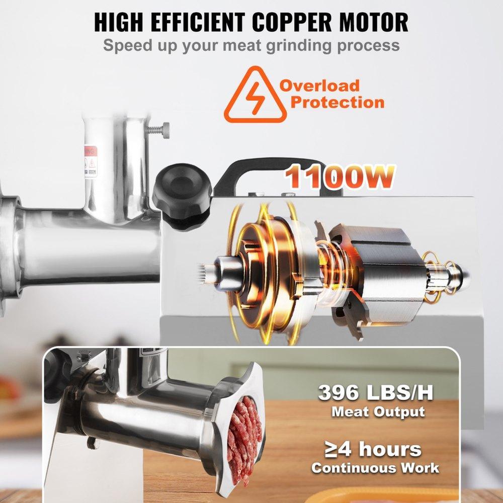 Electric Meat Grinder, 396 Lb/H Capacity, 1100W (4600W MAX) Industrial Meat Mincer with 2 Blade, 3 Grinding Plates, Sausage Tubes 304 Stainless Steel Commercial Meat Grinder, ETL Listed
