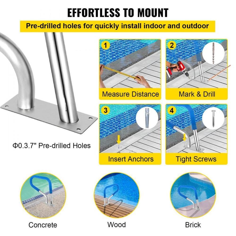 Pool Rail 30x22 Pool Railing 304 Stainless Steel 250LBS Load Capacity Silver Rustproof Pool Handrail Humanized Swimming Pool Handrail with Blue Grip Cover & M8 Drill Bit & Self-Taping Screws