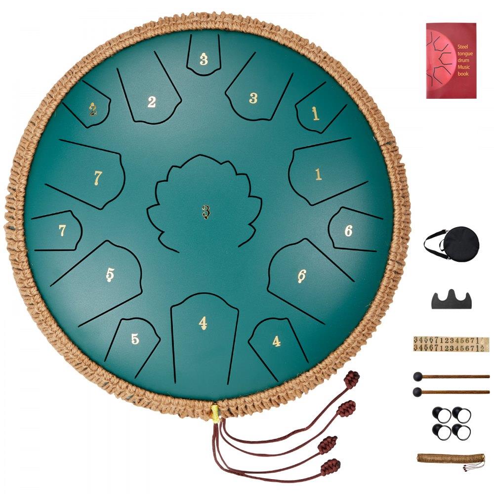 Steel Tongue Drum, 14 in & 15 Notes, Rain Drum for Outside Garden, D Major Key, Tank Drum with 2 Mallets & Carry Bag, Hand Pan Drum Percussion Instrument for Musical Education Yoga, Green