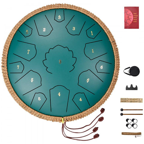 Steel Tongue Drum, 14 in & 15 Notes, Rain Drum for Outside Garden, D Major Key, Tank Drum with 2 Mallets & Carry Bag, Hand Pan Drum Percussion Instrument for Musical Education Yoga, Green