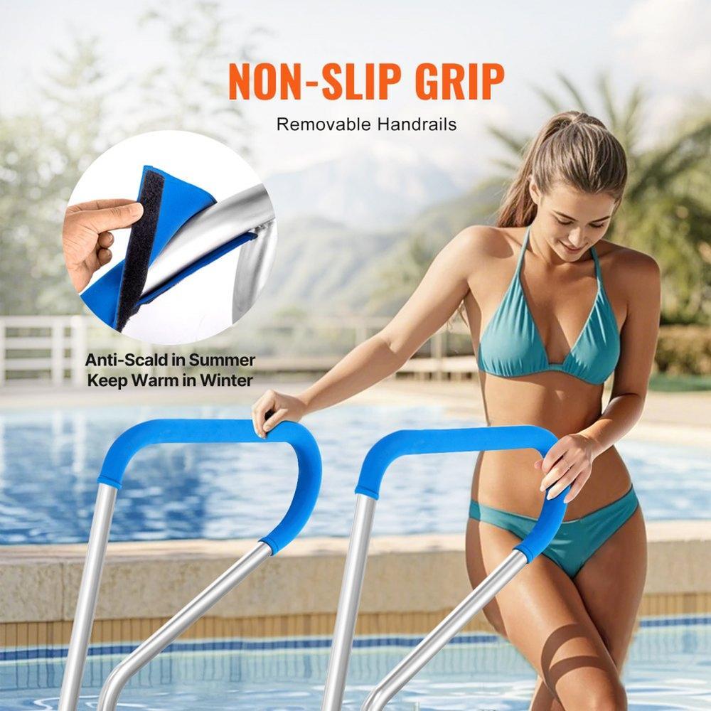 Pool Handrail, 39 x 32 inch Railing, Stainless Steel with Base Plate for Indoor/Outdoor Pools, Safety Railing for Decks, Rust-Proof Grab Bar w/Grip Cover & Accessories for Spas