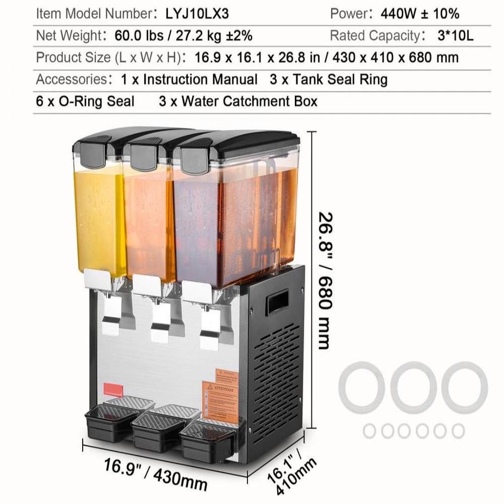 Commercial Beverage Dispenser 3 Tank 10L Cold Juice and Ice Drink Dispenser