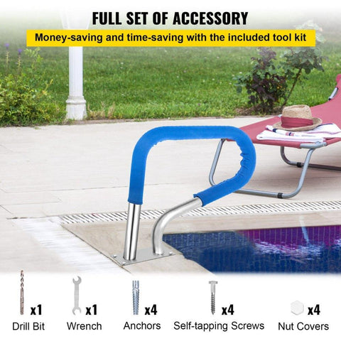 Pool Rail 30x22 Pool Railing 304 Stainless Steel 250LBS Load Capacity Silver Rustproof Pool Handrail Humanized Swimming Pool Handrail with Blue Grip Cover & M8 Drill Bit & Self-Taping Screws