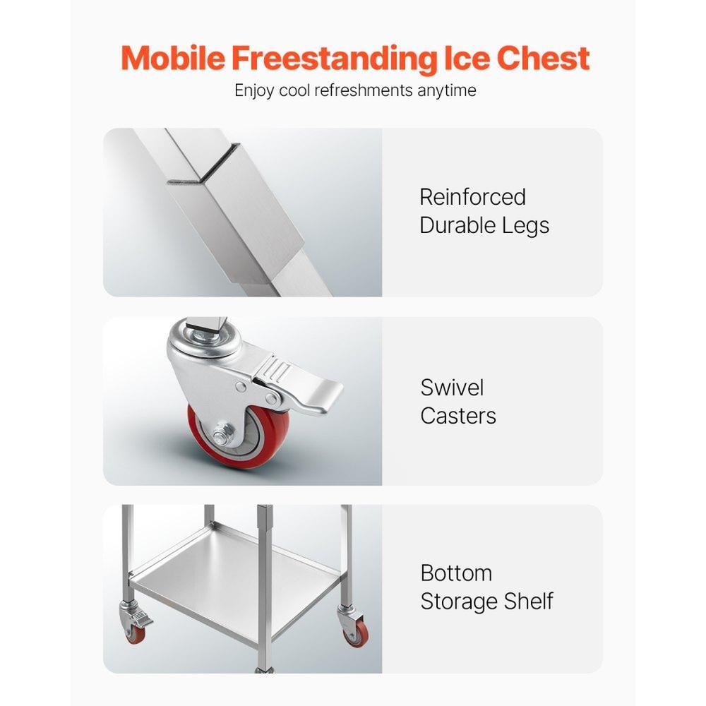 Rolling Ice Chest Cooler Cart, 22"L x 16"W x 38"H Stainless Steel Cooling Bin on Wheels, 32.8 Quart Outdoor Stand Up Cooler Trolley with Shelf, for Patio Backyard Party Bar Cold Drinks