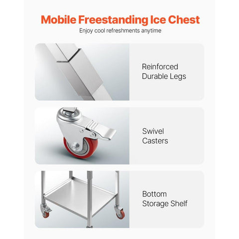 Rolling Ice Chest Cooler Cart, 22"L x 16"W x 38"H Stainless Steel Cooling Bin on Wheels, 32.8 Quart Outdoor Stand Up Cooler Trolley with Shelf, for Patio Backyard Party Bar Cold Drinks