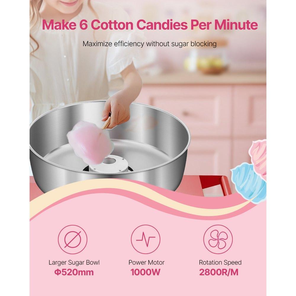 Commercial Cotton Candy Machine with Cart Sugar Floss Maker 1000W for Party Red