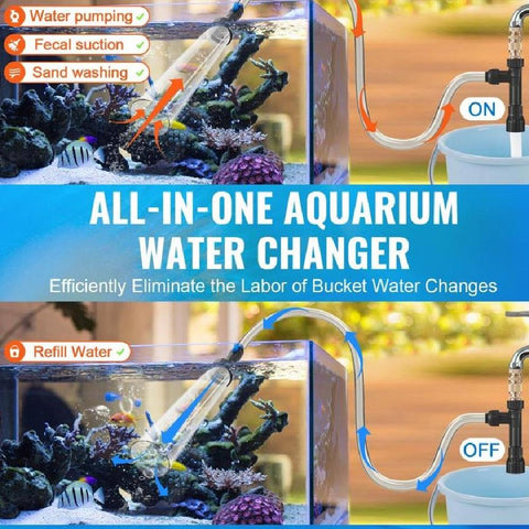 Aquarium Vacuum Gravel Cleaner, 30ft PVC Hose Fish Tank Vacuum Gravel Cleaner, Siphon Fish Tank Cleaner Vacuum, 3 Types of Brass Adapters, for Fish Tank Cleaning Gravel & Sand