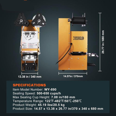 Fully Automatic Cup Sealing Machine, 500-650 Cups/H, Cup Sealer Machine for 180 mm Tall & 90/95 mm Cup, Electric Boba Tea Sealer with Digital Control LCD Panel for Bubble Milk Tea Coffee, Gold