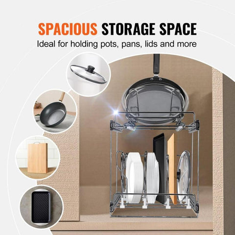 Pan and Pot Rack, 2-Tier Expandable Pull Out Under Cabinet Organizer, Cookie Sheet Baking Pans Tray Racks, Adjustable Wire Dividers, Steel Lid Holder for Kitchen Cabinet & Pantry Storage, 12"W