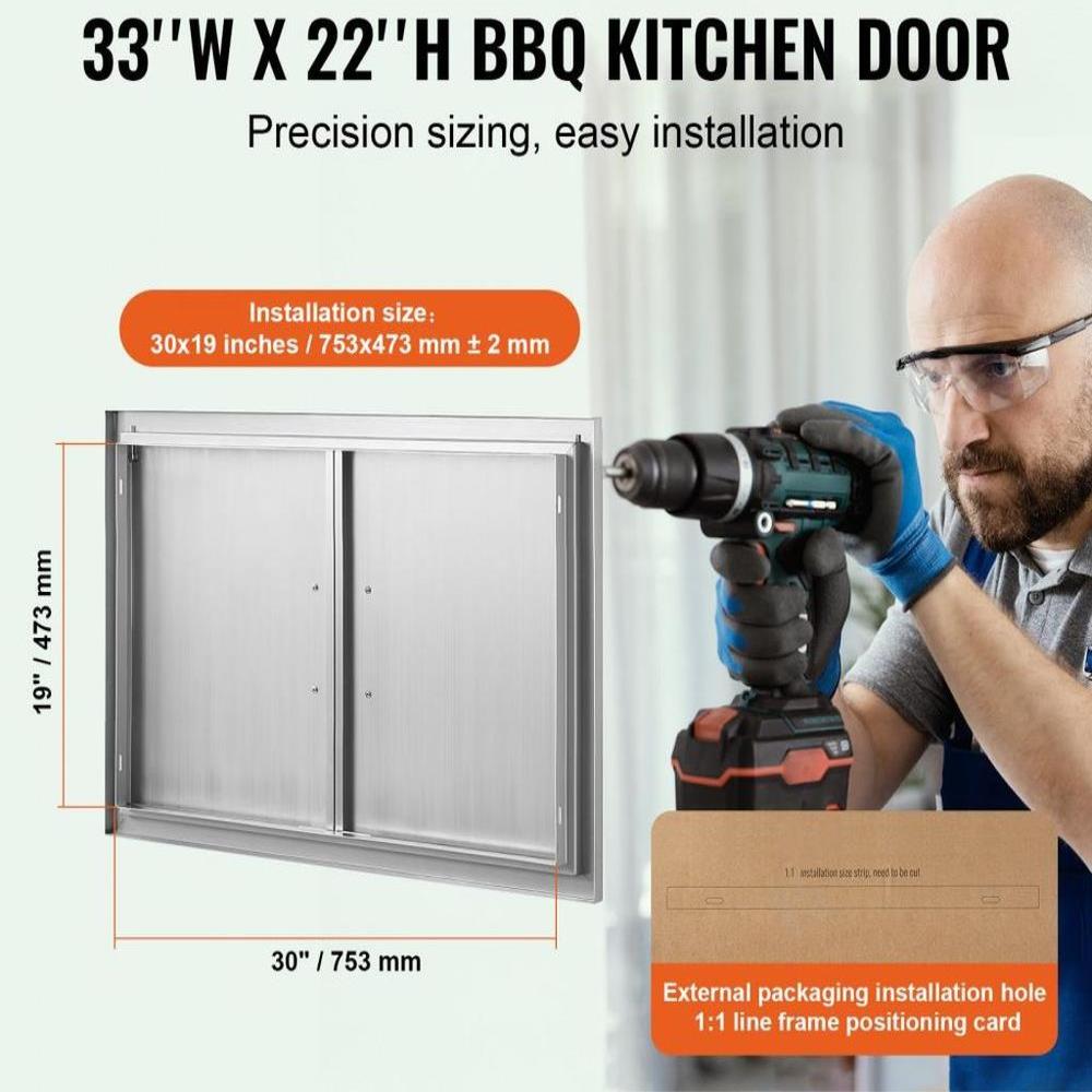 BBQ Access Door, 33W x 22H Inch Double Outdoor Kitchen Door, Stainless Steel Flush Mount Door, Wall Vertical Door with Handles, for BBQ Island, Grilling Station, Outside Cabinet