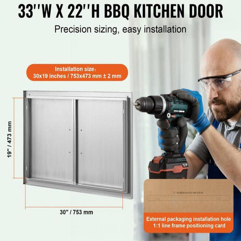 BBQ Access Door, 33W x 22H Inch Double Outdoor Kitchen Door, Stainless Steel Flush Mount Door, Wall Vertical Door with Handles, for BBQ Island, Grilling Station, Outside Cabinet